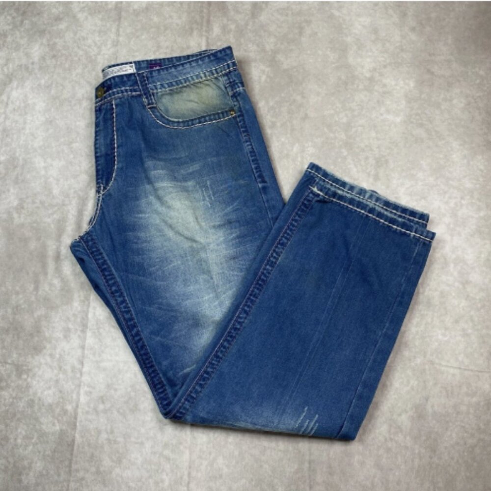 Akoo Jeans Mens 40x32 Blue Y2K Baggy Skater Hip Hop Distressed Flap Wide Leg